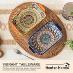 Henten Home Porcelain Rectangular Bowls with Handle - 20 oz Ceramic Pasta Bowls Set of 6, Colorful Bohemian Style Serving Dishes for Salad, Risotto, Oven,Microwave & Dishwasher Safe