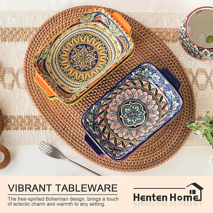 Henten Home Porcelain Rectangular Bowls with Handle - 20 oz Ceramic Pasta Bowls Set of 6, Colorful Bohemian Style Serving Dishes for Salad, Risotto, Oven,Microwave & Dishwasher Safe