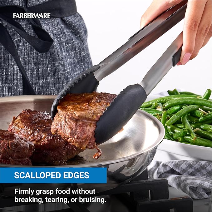 Farberware Silicone-Tipped Locking Kitchen Tongs – Heat Resistant, Nonstick Safe, Ergonomic Handle, Scalloped Tips, Durable and Dishwasher Safe, 12 Inch