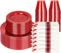 DaYammi 210PCS Red Glitter Plastic Dinnerware Set for 30 Guests, Fancy Disposable Plates for Party, Include: 30 Dinner Plates, 30 Dessert Plates, 30 Pre Rolled Napkins with Red Silverware, 30 Cups