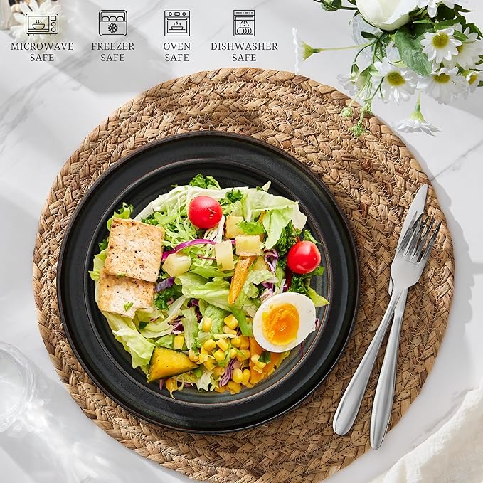 E-far Pasta Bowls Set of 6, 35oz Large Salad Bowl Plate for Dinner Serving, Wide & Shallow Ceramic Stoneware Pasta Plates, Microwave & Dishwasher Safe, Reactive Glaze Textured Stripes, Blackish Green