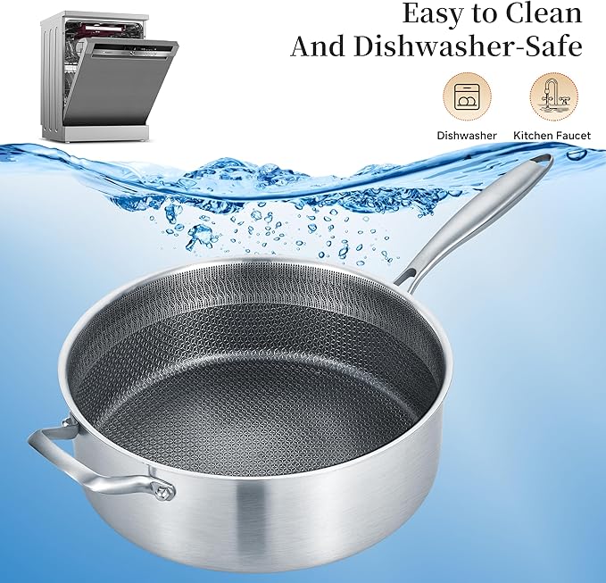 LOLYKITCH 12 Inch Deep Frying Pan with Lid, Nonstick 5QT Tri-Ply Stainless Steel Sauté Pan with Ceramic Coating, PFOA & PFOS Free, Induction Cooking Skillet, Dishwasher and Oven Safe