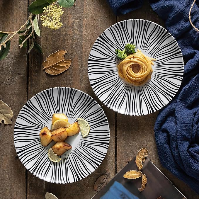 8" Black and White Striped Ceramic Plates Set of 6, Zebra Pattern Salad Plates Set, Minimalist Porcelain Dish Set, Microwave, Oven & Dishwasher Safe