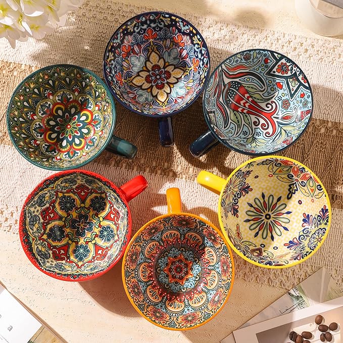 Coffee Mug Set of 6, 15 oz Boho Coffee Mug Ceramic with Handle, Porcelain Tea Cups Set, 6 Pcs Coffee Cups for Cappuccino and Latte, Microwave & Dishwasher Safe, Ideal Gift for Family/Friend