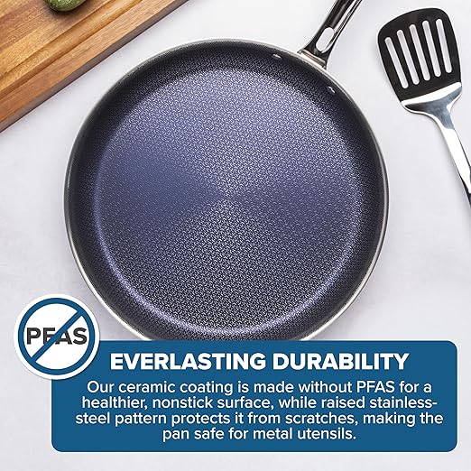 Viking Hybrid Plus 3-Ply Ceramic Nonstick Frying Pan, Made without PFAS, 12-Inch Induction Cookware, Metal Utensil Safe, Oven Safe to 500F