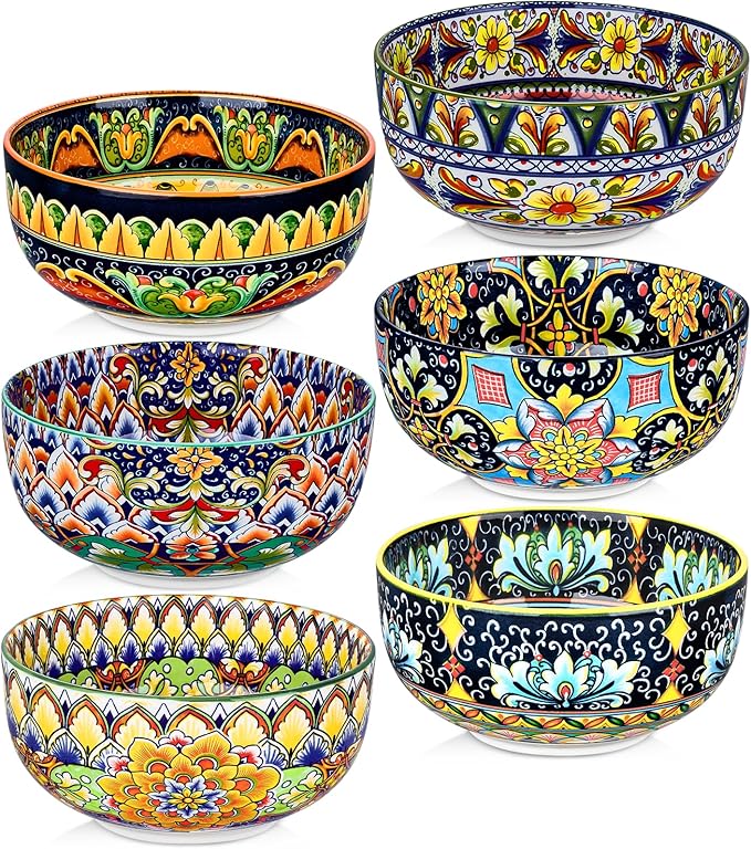 Meolibour Ceramic Cereal Bowls Set of 6, 28 oz Bohemian Soup Bowl, Colorful Bowls Set for Kitchen, Dessert Bowls for Salad, Pasta, Oatmeal, Ramen, Oatmeal, Fruit, Dishwasher & Microwave Safe