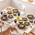 LOVECASA 16 Pieces Plates and Bowls Sets, Porcelain Black and Gold Dinnerware Sets, Round Dinner Plates Dishes Set Service for 4, Dishwasher Safe and Scratch Resistant, Black
