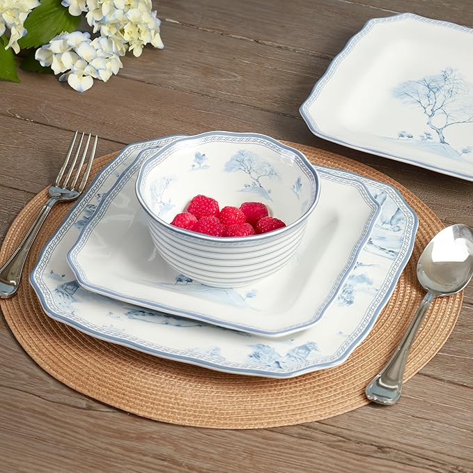 222 Fifth 12-Piece Porcelain Dinnerware Set for 4, Glossy White Plates and Bowls Set with Blue Decal, Elegant Square Ceramic Dish Set, Kitchen Tableware, Microwave & Dishwasher Safe, Scenic Toile