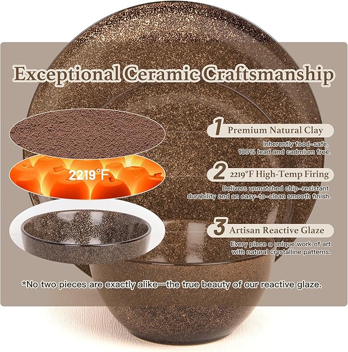 Dafuceramic Plates and Bowls Sets, 12 Pieces Dark Blue Dinnerware Sets for Kitchen, Reactive Glaze Dishes Set for 4, Dishwasher and Microwave Safe, Series Starflecked Shore(Brown)