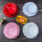 12 pcs Christmas Holiday Melamine Dinnerware Set, Ruffled Rim With Beaded Plates and Bowls Set of 4, Lightweight yet Durable Dishes tableware Set, Ideal for parties, camping, and RV trips