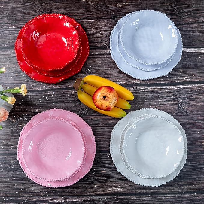 12 pcs Christmas Holiday Melamine Dinnerware Set, Ruffled Rim With Beaded Plates and Bowls Set of 4, Lightweight yet Durable Dishes tableware Set, Ideal for parties, camping, and RV trips