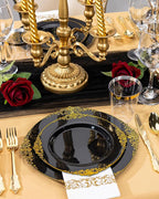 Nervure 350PCS Black Plastic Plates - Black Plastic Dinnerware Sets for 50 Guests - 100 Disposable Plates, 150 Gold Silverware, 50 Cups, 50 Napkins for Wedding & Party & Graduation & Retirement