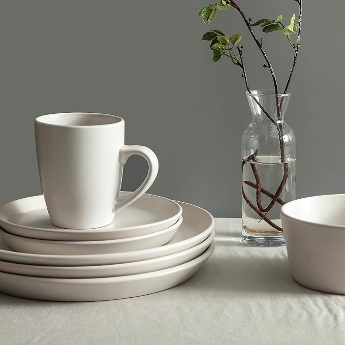 Stone Lain Albie Stoneware 16 Piece Modern Dinnerware Set, Plates and Bowls Sets, Service for 4, White Speckled, Microwave & Dishwasher Safe
