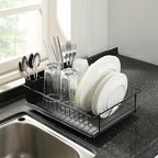 SunnyPoint 304 Stainless Steel Dish Drying Rack with Diatomaceous Earth Drainboard & Removable Utensil Caddy – Rust Resistant Countertop Dish Rack for Kitchen (Black)