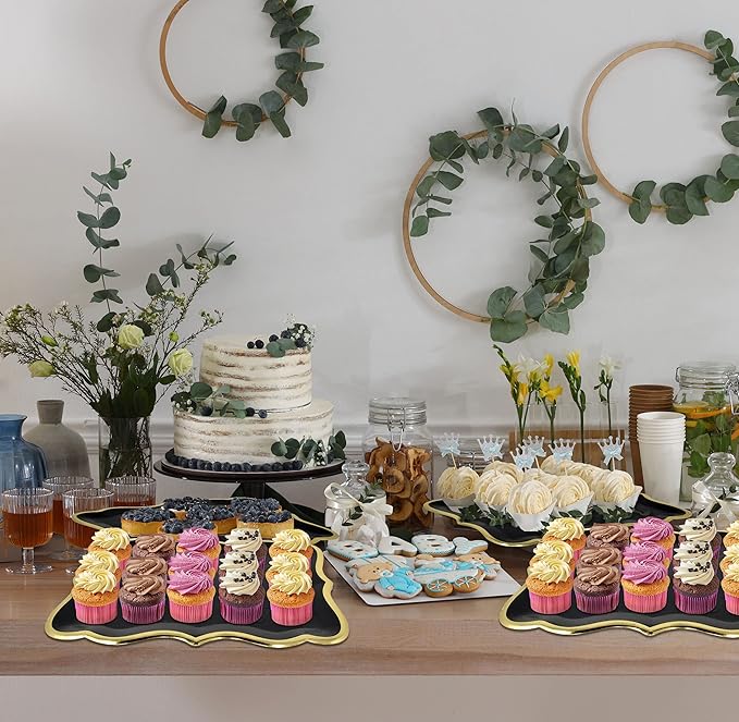 Gift Boutique 10 Black Rectangle Trays with Gold Rim Border for Dessert Display Table Parties 9" X 13" Disposable Paper Cardboard for Platters Cupcake Displays Birthday Party Weddings Food Safe