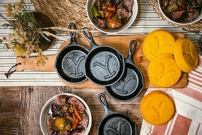 Lodge Pre-Seasoned Yellowstone Stamped Cast Iron Cookware - Signature Teardrop Handle - Use in the Oven, on the Stove, on the Grill, or Over a Campfire - Power Y 5 Inch Skillet