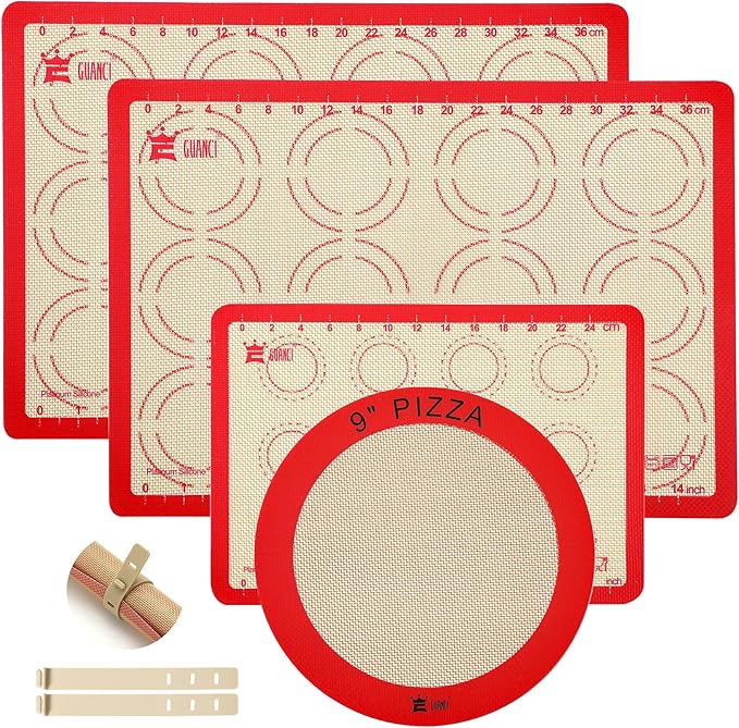 Silicone Baking Mat Set of 4, GUANCI Grade Food Baking mats Non-Stick Reusable Pizza Bakeware Mat for Making Macaroon, Pizza, Cookie, Pastry, Bread, Bun(Red)