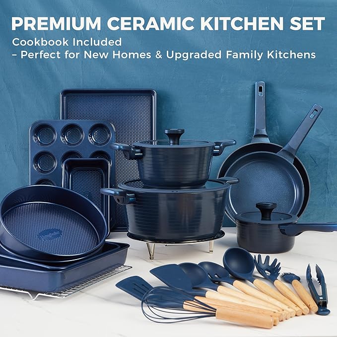 HONGBAKE 26 Pcs Pots and Pans Set Non Stick, Non Toxic Ceramic Cooking Set With 10 Silicone Utensils, Kitchen Induction Cookware & Bakeware Sets with Diamond Texture Pattern, PFOA Free, Blue