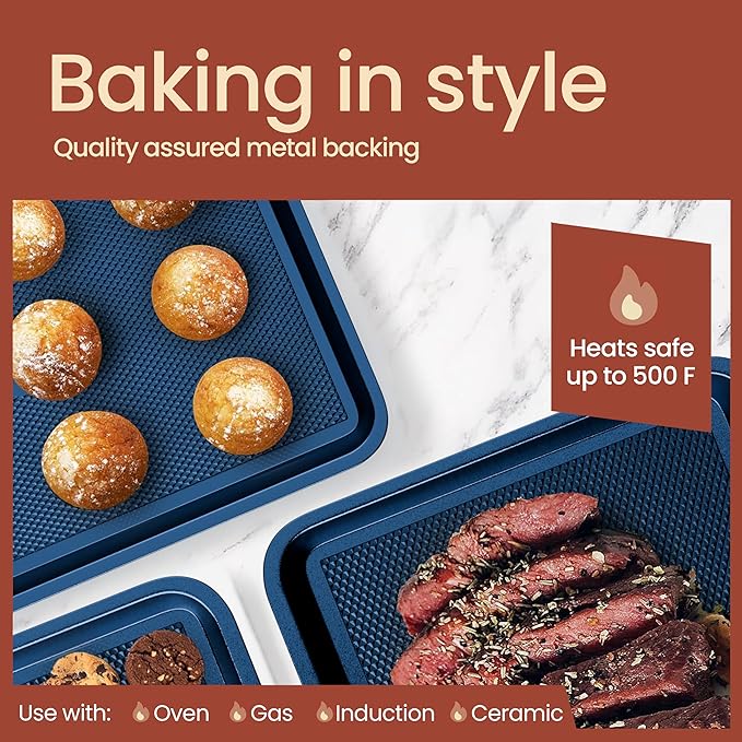 BAKKEN Kitchen Baking Pans - Nonstick Blue Coating, 13.58’’ × 9.65’’ Commercial Grade Carbon Steel Cookie Sheet, Diamond Texture Bottom, PFOA, PFOS, PTFE Free, Oven Safe Tray (450°F), Blue