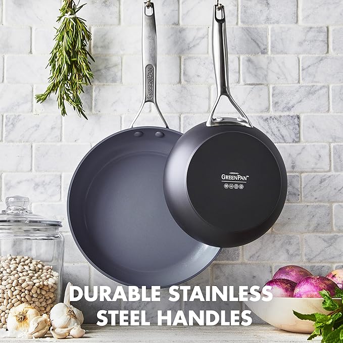 GreenPan 8” Nonstick Frying Pan Skillet, PFAS-Free Ceramic, Hard Anodized Cookware, Stainless Steel Handle, Dishwasher & Oven Safe, Paris Pro, Gray