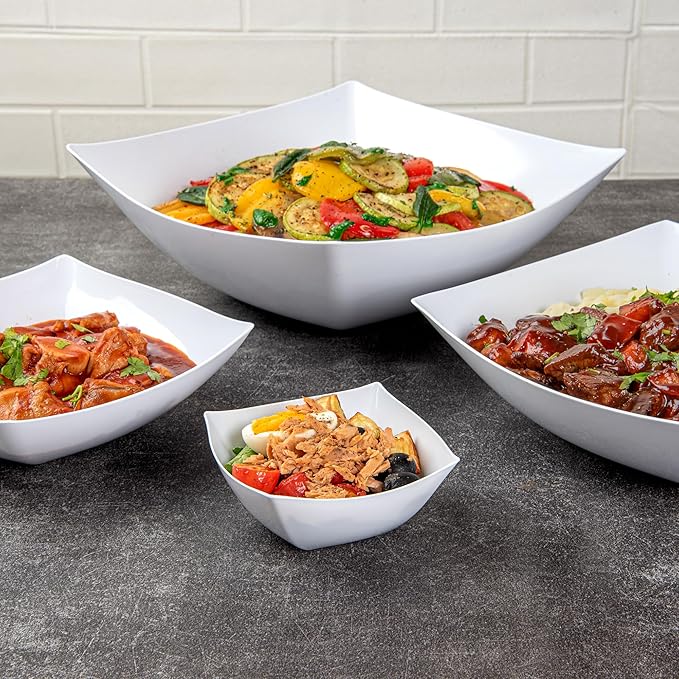 Restaurantware Moderna 8 Ounce Fancy Plastic Bowls 10 Square Disposable Salad Bowls - Durable Heavy-duty White Plastic Bowls For Warm And Cold Foods (Pack of 3)