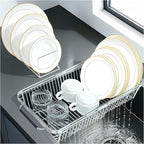 Dish Drying Rack Over The Sink, Stainless Steel Dish Racks for Kitchen Counter, Expandable Drainer for Kitchen Sink Organizer, 2-in-1 Extend Drain Basket and Plates Holder for Utensil Storage