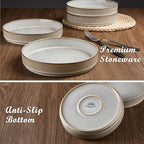 E-far Pasta Bowls Set of 4, 35oz Large Salad Bowl Plate for Dinner Serving Soup, Wide & Shallow Ceramic Stoneware Pasta Plates, Microwave & Dishwasher Safe, Reactive Glaze Texture-Stripe, Creamy Beige