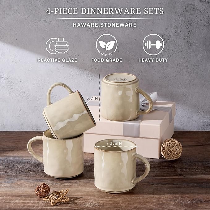 HaWare 14OZ Coffee Mugs Set of 4, Stoneware Coffee Cups with Handle, Latte Mug for Man, Woman, Dad, Mom, Modern Tea Mugs for Latte/Cappuccino/Cocoa/Milk, Dishwasher& Microwave Safe, Saturn Khaki