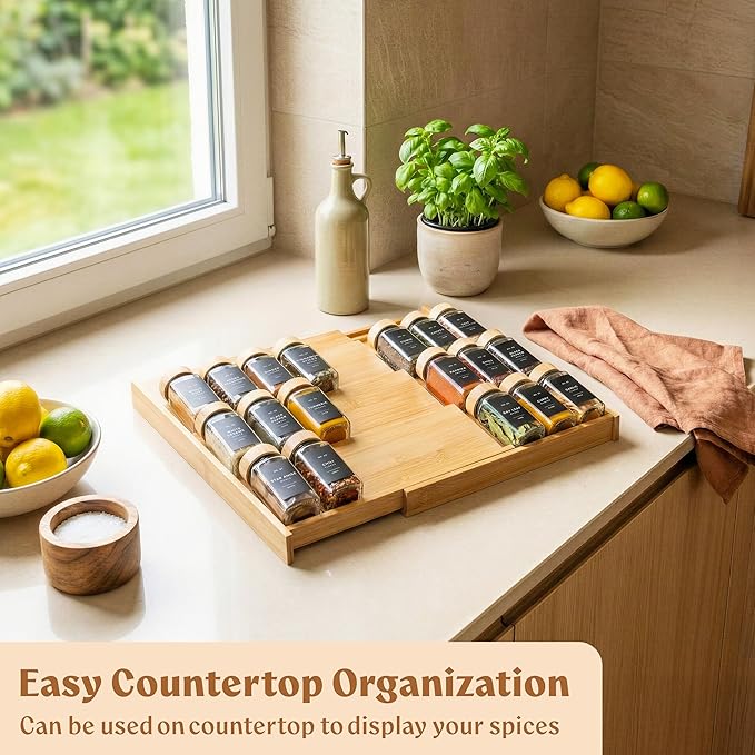 Bamboo Spice Drawer Organizer - Expandable 4 Tier Spice Rack (Need 3" Deep Drawer) 12" to 24" Wide, Seasoning Organizer, Organization Seasoning Rack insert (Jars Not Included)
