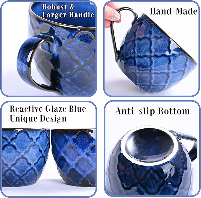 Ceramic Soup Bowl with Handle, 24 oz Microwave Safe Soup Mug/Cup with Lid, Large Ceramic Mug for Coffee, Cereal, Oatmeal, Salad, Ramen, Noodle, Soup, Set of 2 - Reactive Glaze Blue