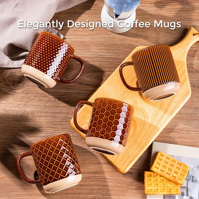 GBhome 12oz Coffee Mugs Set of 4, Handmade Stoneware Coffee Mugs Set with Large Handle for Cappuccino/Latte/Tea/Hot Cocoa, Dishwasher & Microwave Safe, Caramel
