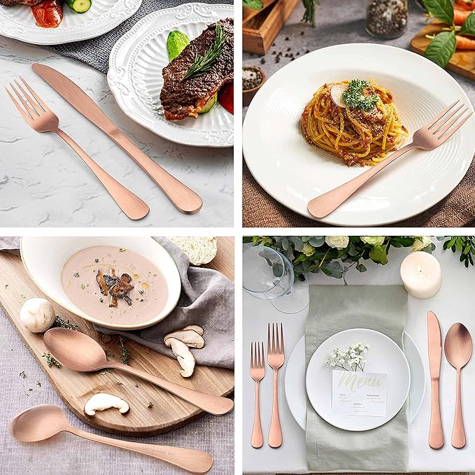 LIANYU 40 Piece Matte Copper Silverware Set, Stainless Steel Rose Gold Flatware Cutlery Set for 8, Fancy Kitchen Utensil Tableware for Home Restaurant Party, Satin Finish, Dishwasher Safe