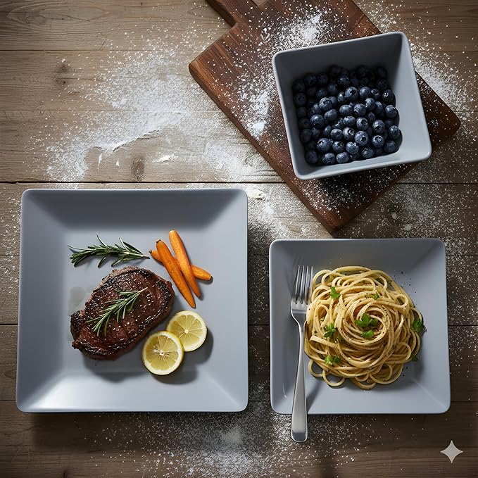 TP 12-Piece Melamine Dinnerware Sets, Plates and Bowls Dishes Set for 4, Break-Resistant & Non-Microwavable, Lightweight Square Dinner Plates, Grey