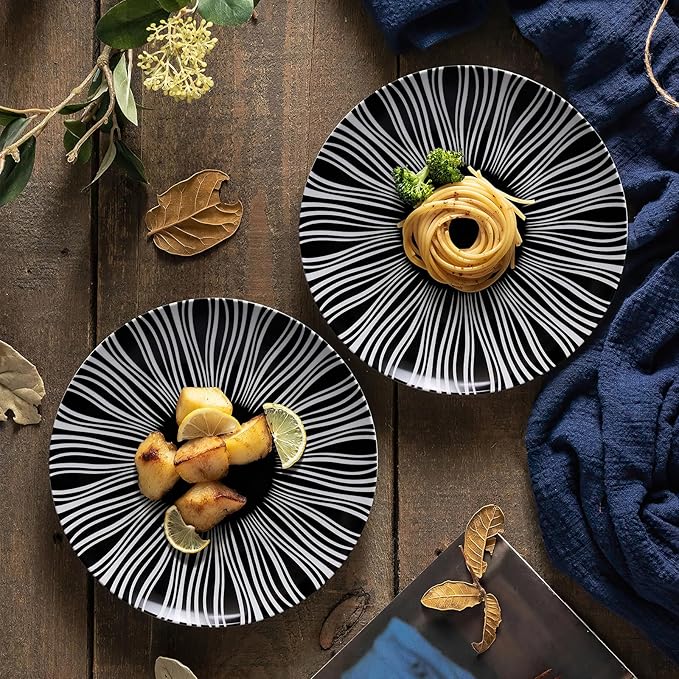 Black and White Striped Ceramic Plates Set of 6-6 Inch Zebra Pattern Dessert & Appetizer Plates, Minimalist Porcelain Dish Set, Microwave, Oven & Dishwasher Safe