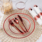 Goodluck 350 Piece Red Plastic Dinnerware Set for Party, Clear Disposable Plates for 50 Guests, Includes 100 Plates, 50 Pre Rolled Napkins with Cutlery Set, 50 Cups for Graduation, Wedding, Christmas