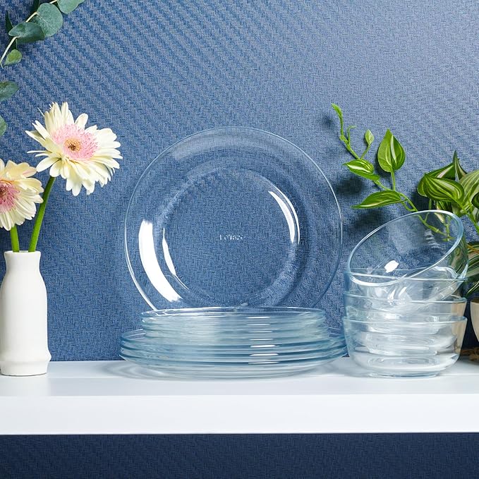 12pc Glass Dinnerware Set - Sleek Round Clear Glass Plate and Bowl Sets - Dishwasher Safe, Bread & Butter Dinner, Dessert, Salad Plates & Serving Cereal Soup Bowls Dishes for Kitchen Dining & Parties