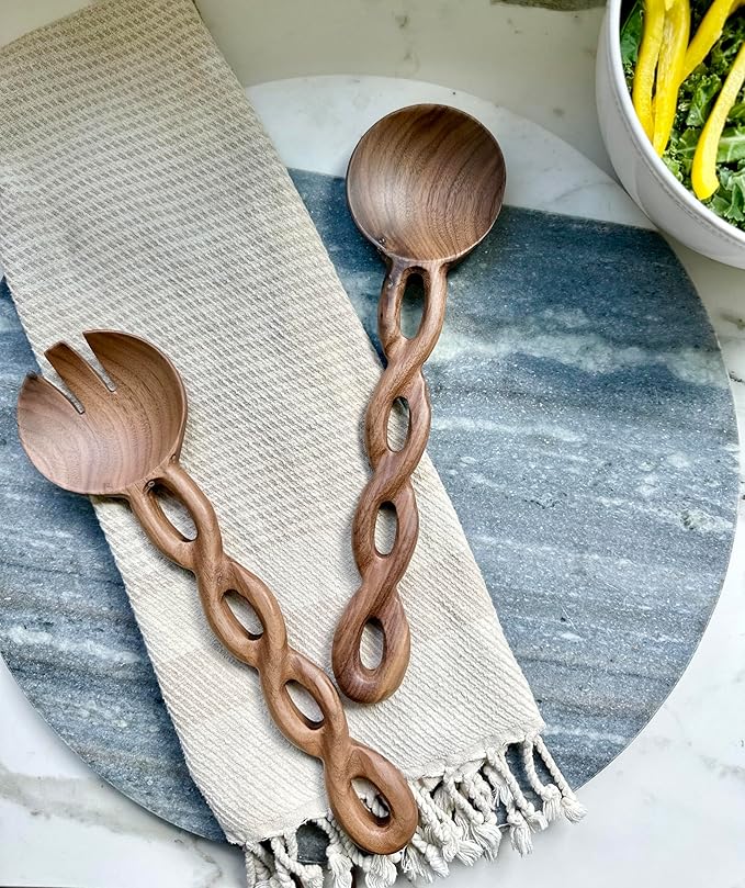 Salt & York Handcrafted Walnut Salad Tongs – Wooden Serving Utensils for Tossing & Serving Salad or Pasta – Natural Wood Kitchen Tools & Gift for Home Entertainers
