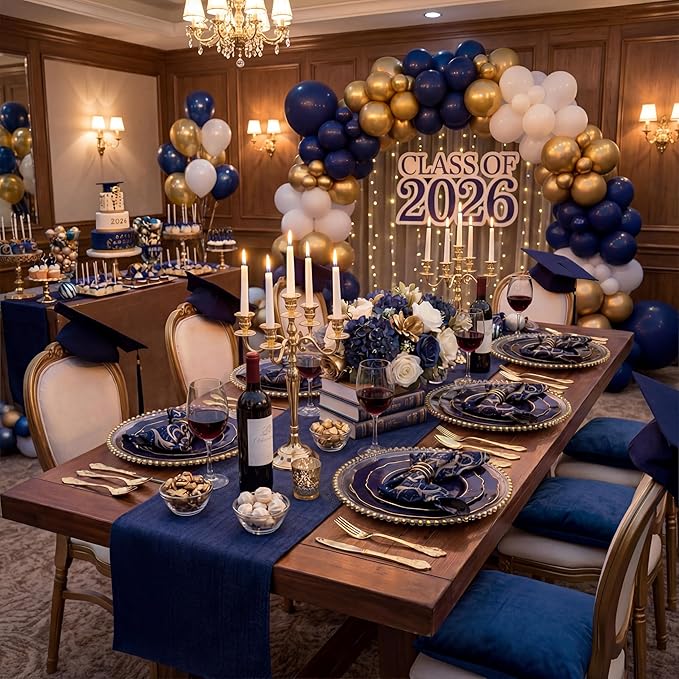 KIRE 210Pcs Navy Blue Plastic Plates - Blue and Gold Plates Disposable - 30guest Baroque Plastic Dinnerware for Upscale Wedding/Parties/Passover/Graduation