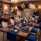 KIRE 210Pcs Navy Blue Plastic Plates - Blue and Gold Plates Disposable - 30guest Baroque Plastic Dinnerware for Upscale Wedding/Parties/Passover/Graduation