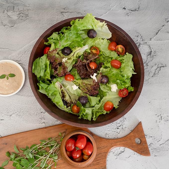 Luxe Designs 12" Dark Burnt Wooden Salad Bowl Set with Serving Utensils Eco-Friendly, Multipurpose Mixing & Serving Bowl for Salads, Pasta, Fruits & More – Durable & Stylish Kitchen Essential