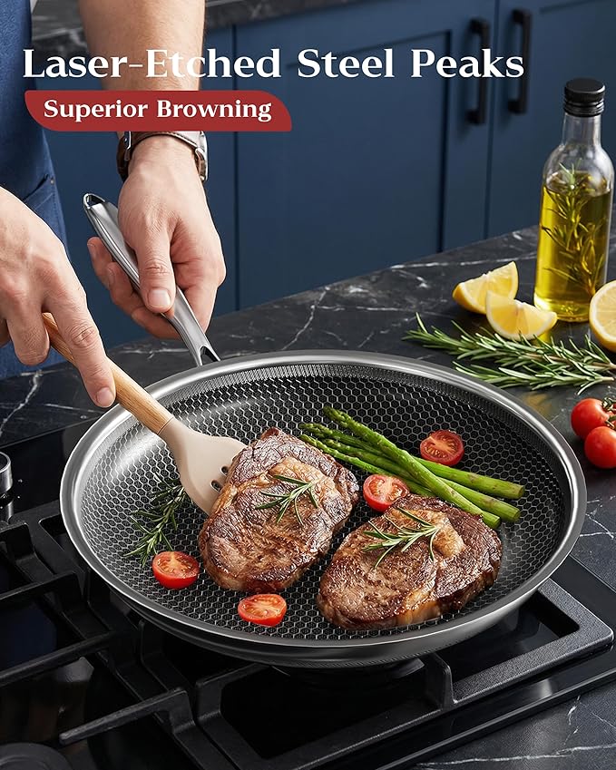 Honeycomb Stainless Steel Nonstick Frying Pan with Lid 12 Inch, Induction Cooktop Compatible Skillet, PFOA-Free Scratch-Proof, Dishwasher & Oven Safe, Stay-Cool Handle, Silver Kitchen Cookware