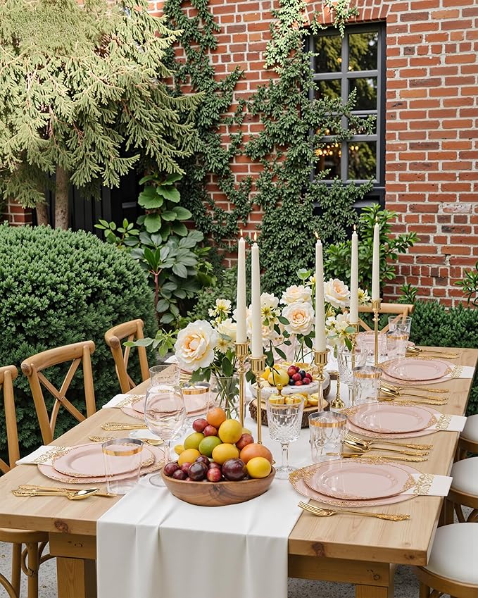 Nervure 350PCS Pink Plastic Plates - Pink Plastic Dinnerware Sets for 50 Guests - 100 Disposable Plates, 150 Gold Silverware, 50 Cups, 50 Napkins Perfect for Wedding & Party & Mother's Day