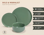 Vase and Vessel Ceramic Dinnerware Set, 12-Piece Service for 4, Round, Microwave and Dishwasher Safe, Cambridge Classics (Dusty Jade)
