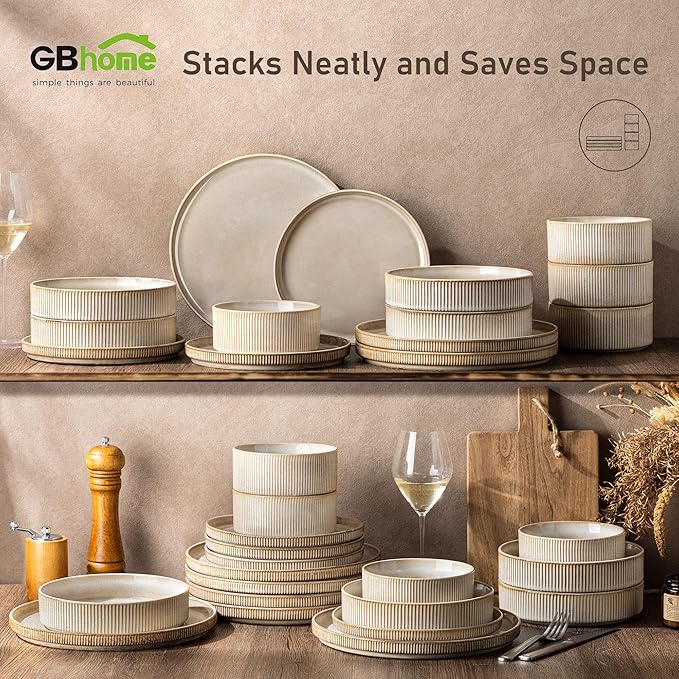 GBHOME 12-Piece Stoneware Dinnerware Set for 4 – Ribbed Ceramic Plates and Bowls, Scratch-Resistant, Microwave & Dishwasher Safe, Reactive Glaze, Cappuccino