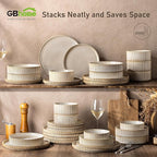 GBHOME 24-Piece Stoneware Dinnerware Set for 8 – Ribbed Ceramic Plates and Bowls, Scratch-Resistant, Microwave & Dishwasher Safe, Reactive Glaze, Cappuccino