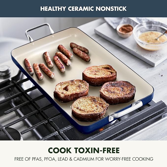 GreenPan 18" x 11" Double Burner Griddle Pan, Hard Anodized Healthy Ceramic Nonstick PFAS-Free, Stainless Steel Handles, Stovetop Cooking, Dishwasher Safe, Oven & Broiler Safe Cookware, Oxford Blue