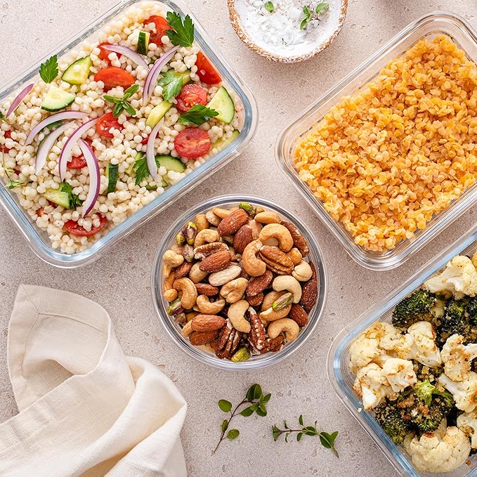 Freshware Glass Storage Containers with Lids, 24 Pieces, 12 Containers with 12 Lids, Glass Meal Prep Container for Lunch, Food Storage Containers, Leak Proof, Freezer Safe, Gray
