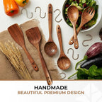 Wooden Spoons for Cooking – 6 Pcs Premium Teak Wooden Utensil Set with Hooks - Durable, Nonstick Safe, Easy to Clean & Heat Resistant with Ergonomic Handles
