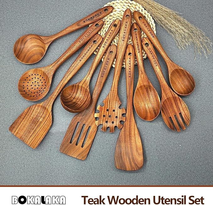 Wooden Spoons for Cooking,10 Pcs Natural Teak Wooden Kitchen Utensils Set Wooden Utensils for Cooking Wooden Cooking Utensils Wooden Spatulas for Cooking (10)