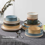 LIANYU Dinnerware Stoneware Sets with Pasta Bowls, 16 Piece Plates and Bowls Set for 4, Ribbed Dishes Set for Home, Microwave and Dishwasher Safe, Four-color